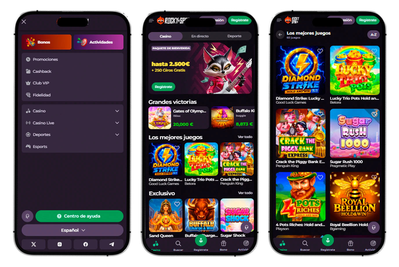 Versión móvil de RockySpin Casino adaptada para teléfonos y tablets