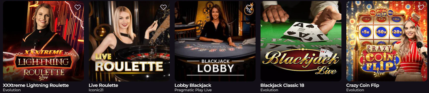 Zona de juegos de casino y mesas en directo de RockySpin Casino